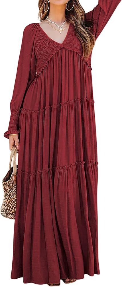 R.Vivimos Maxi Dress for Women Long Sleeve V Neck Empire Waist Layered Ruffle Boho Casual Flowy L... | Amazon (US)