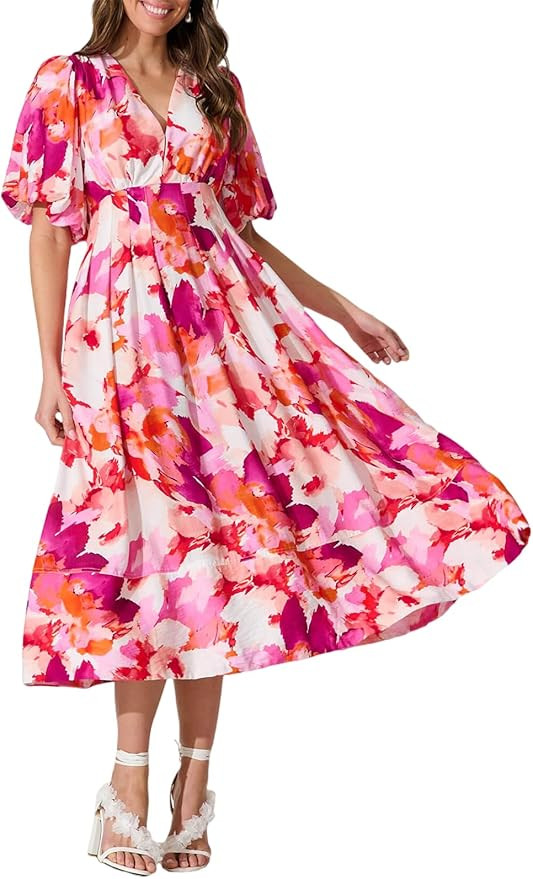 Women's Boho Floral Print Midi Dress Short Sleeve Summer Long Dress | Amazon (US)