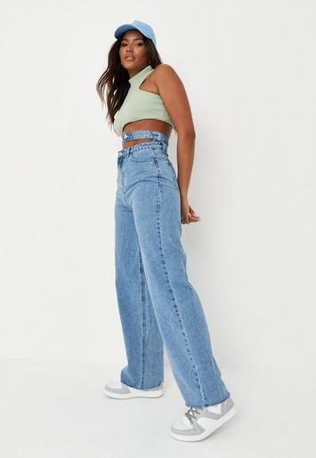 Missguided - Blue Double Waistband Wide Straight Leg Jeans | Missguided (US & CA)