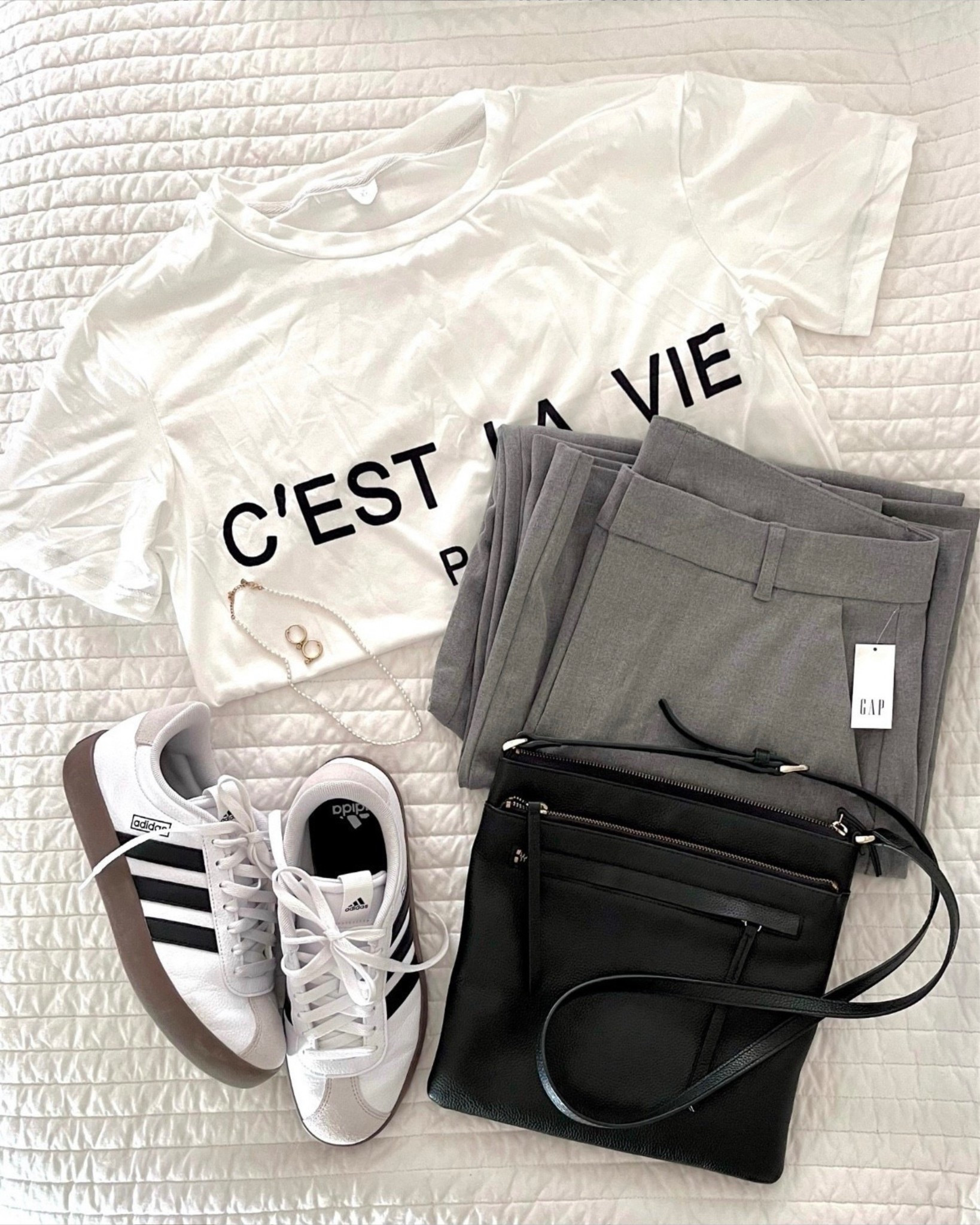 Elevated casual outfit! C’est la vie tee, Gap wide leg trousers, adidas VL Court sneakers (the Samba sneakers would look great too), black crossbody, pearls and topaz earrings

#LTKFindsUnder100 #LTKOver40 #LTKMidsize