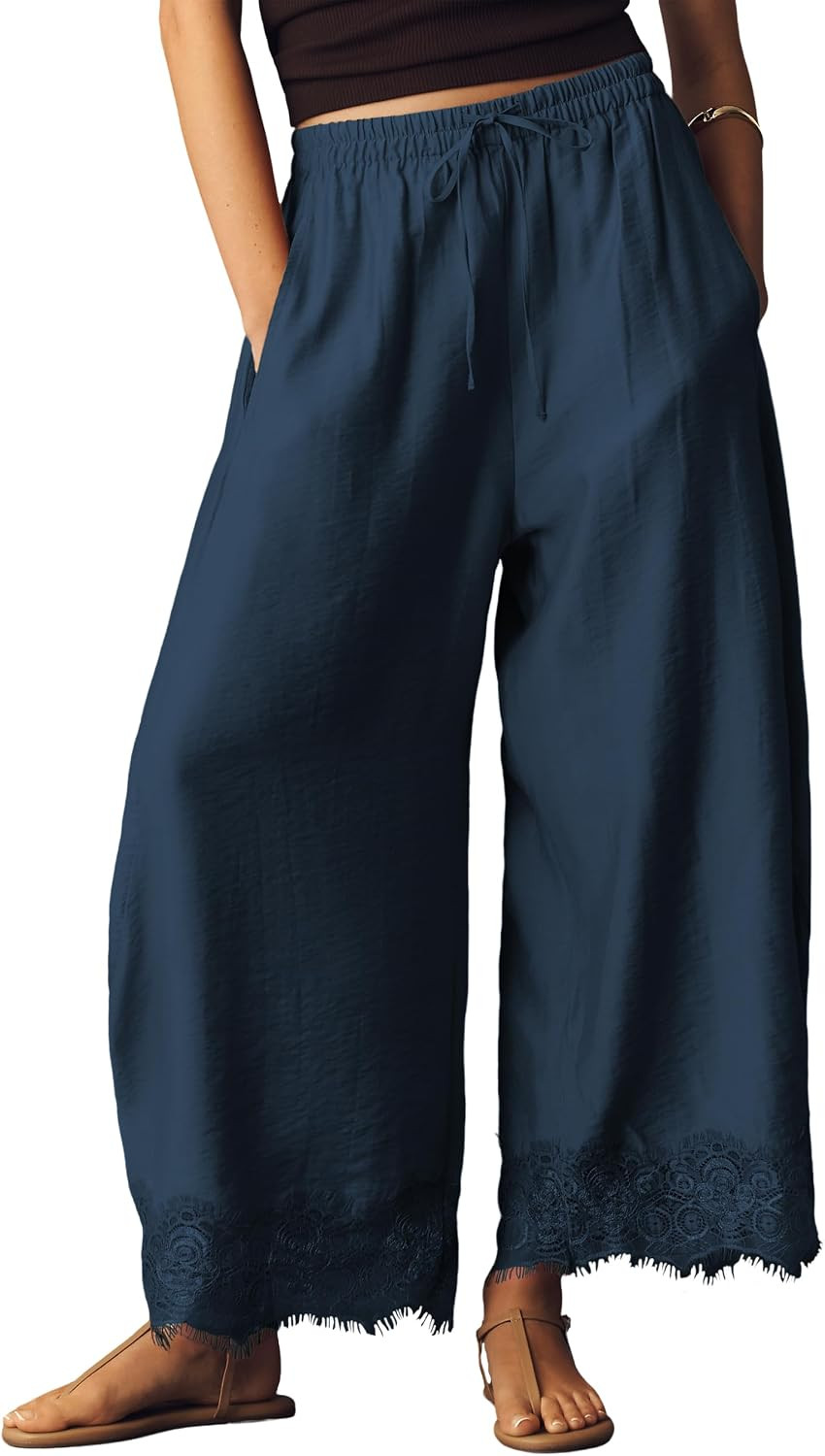 Cropped Lace Hem Wid Leg Pants for Women Summer High Waist Drawstring Balloon Lightweight Beach Trousers with Pockets | Amazon (US)