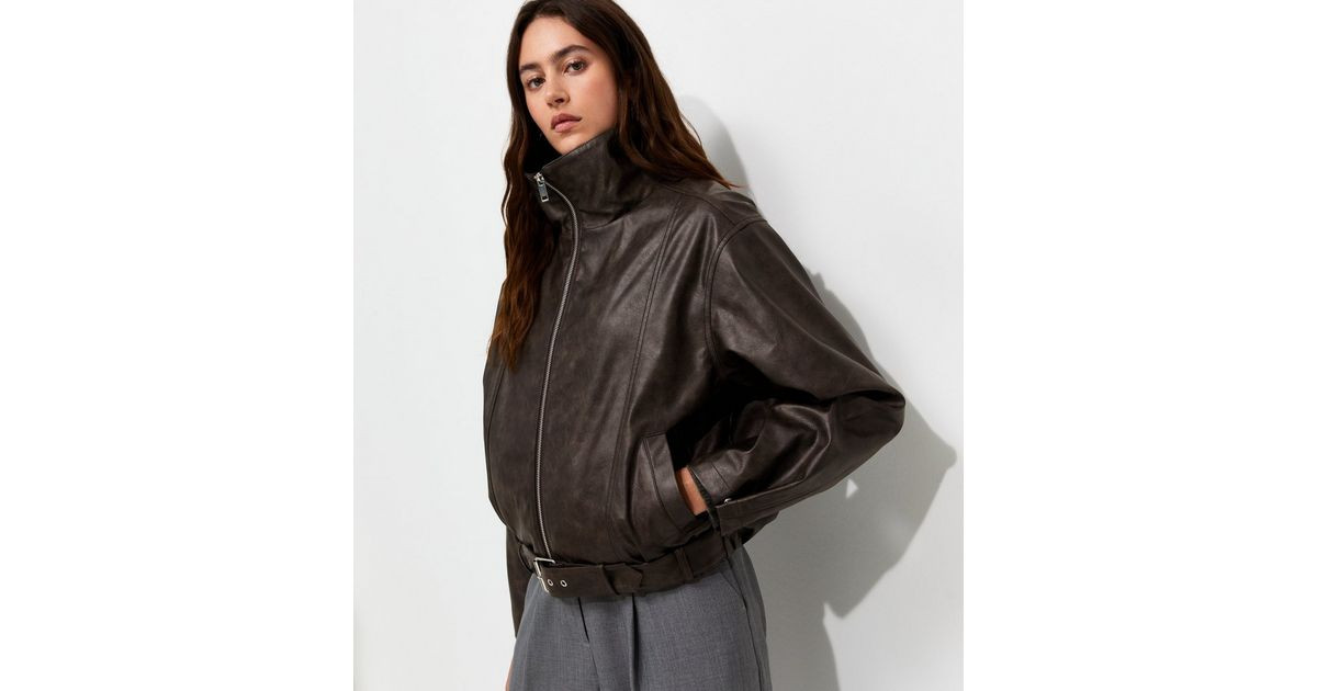 Women's Brown Faux Leather Buckle Hem Funnel Neck Jacket New Look | New Look (UK)