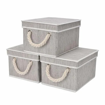 Foldable Storage Basket with Lid, 3-Pack, Large, Gray, Bamboo Style, Cotton Rope Handles | Walmart (US)