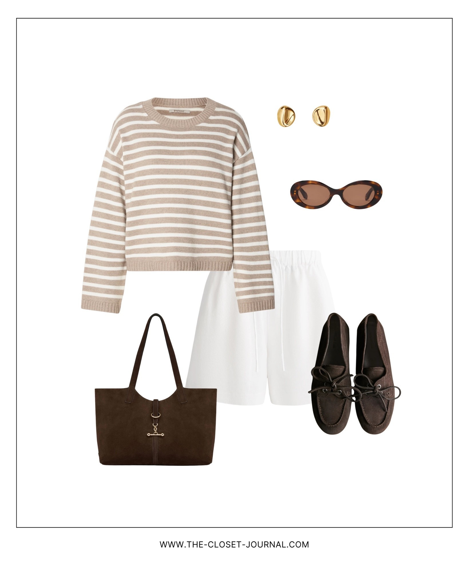 Early summer outfit inspo / Beige cotton striped sweater / Linen shirts / Chocolate suede boat shoes and tote bag