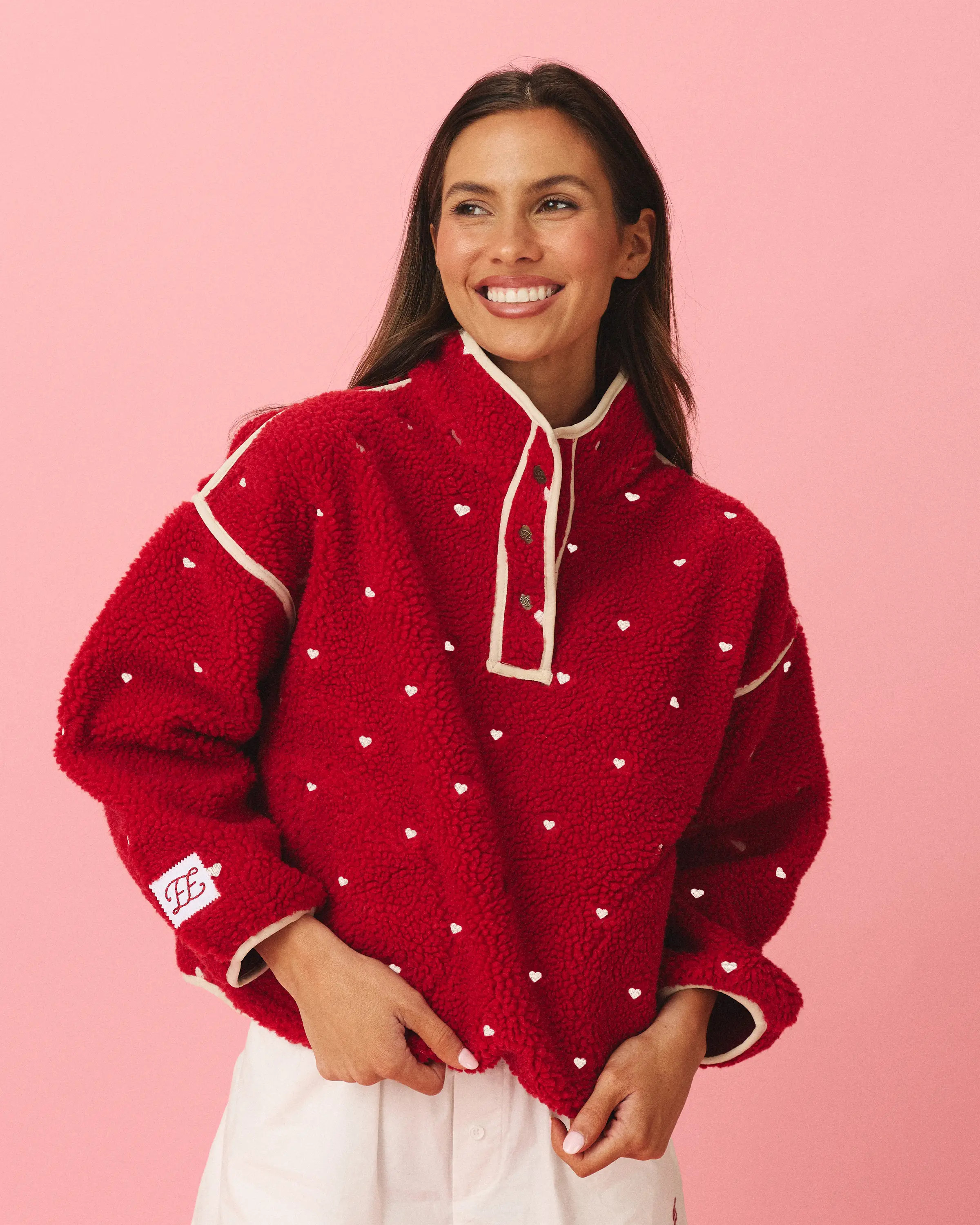 Fleece Pullover in Red and White Heart | Eleven Eleven