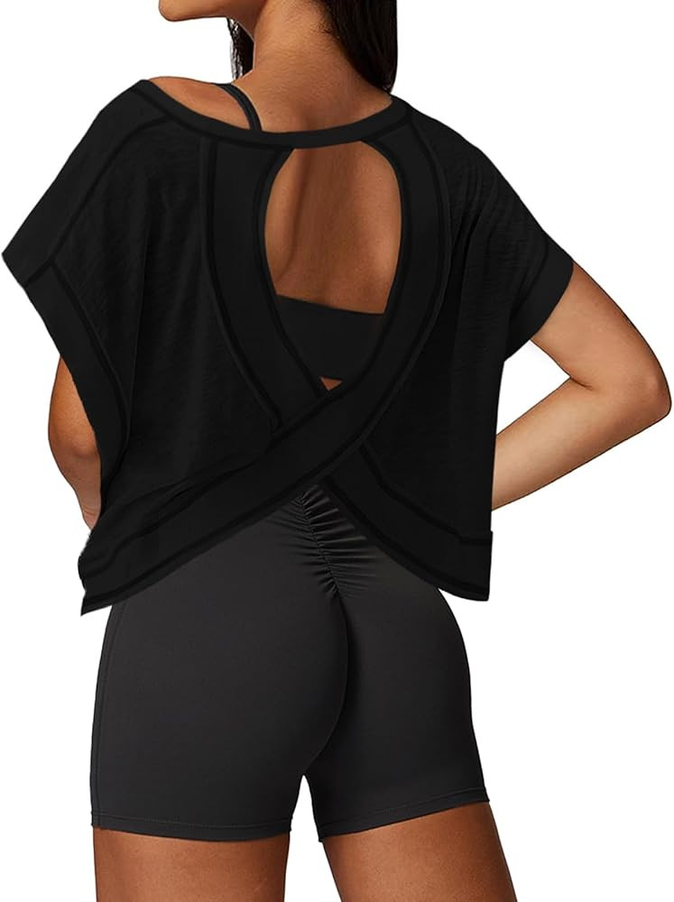 Open Back Workout Tops for Women Loose Fit Athletic Crop Tee Short Sleeve Gym Running Yoga Shirt | Amazon (US)