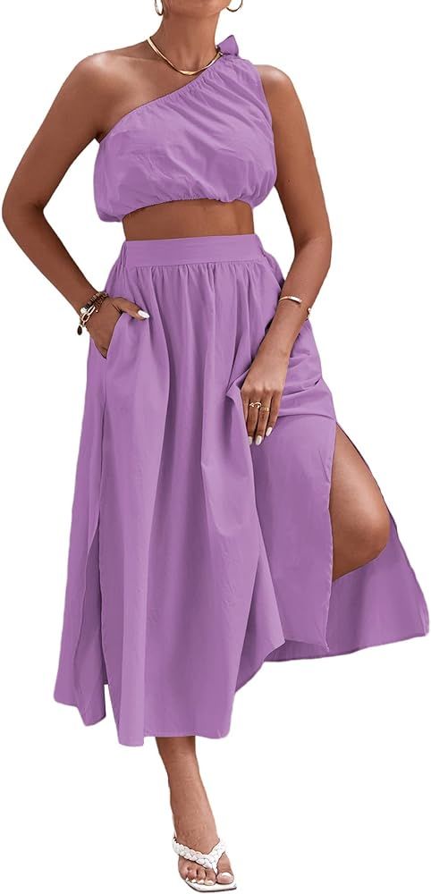 LYANER Women's 2 Piece Outfit One Shoulder Crop Top and Side Split Midi Skirt Set with Pockets | Amazon (US)
