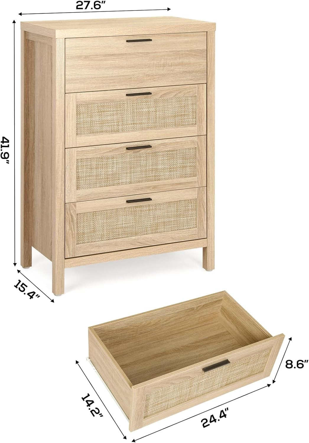 VOWNER Rattan 4 Drawer Dresser, Wood Storage Chest of Drawers with Black Handles, Modern Chest Or... | Amazon (US)