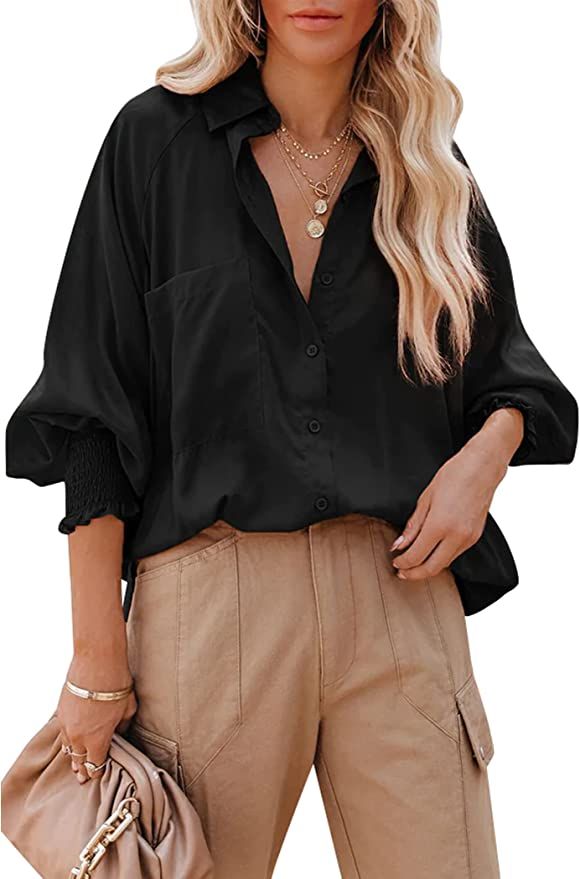 Chigant Button Down Shirts Long Lantern Sleeve Blouses Oversized Summer Coverup Shirts Casual Off... | Amazon (US)