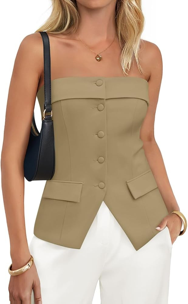 ZESICA Women's 2025 Trendy Strapless Blazer Vests Summer Dressy Tube Vest Tops Elegant Clothes | Amazon (US)