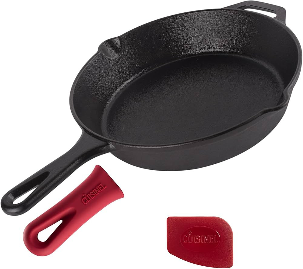 Cast Iron Skillet - 10"-Inch Frying Pan with Pour Spouts + Pan Scraper + Silicone Grip Handle Cov... | Amazon (US)