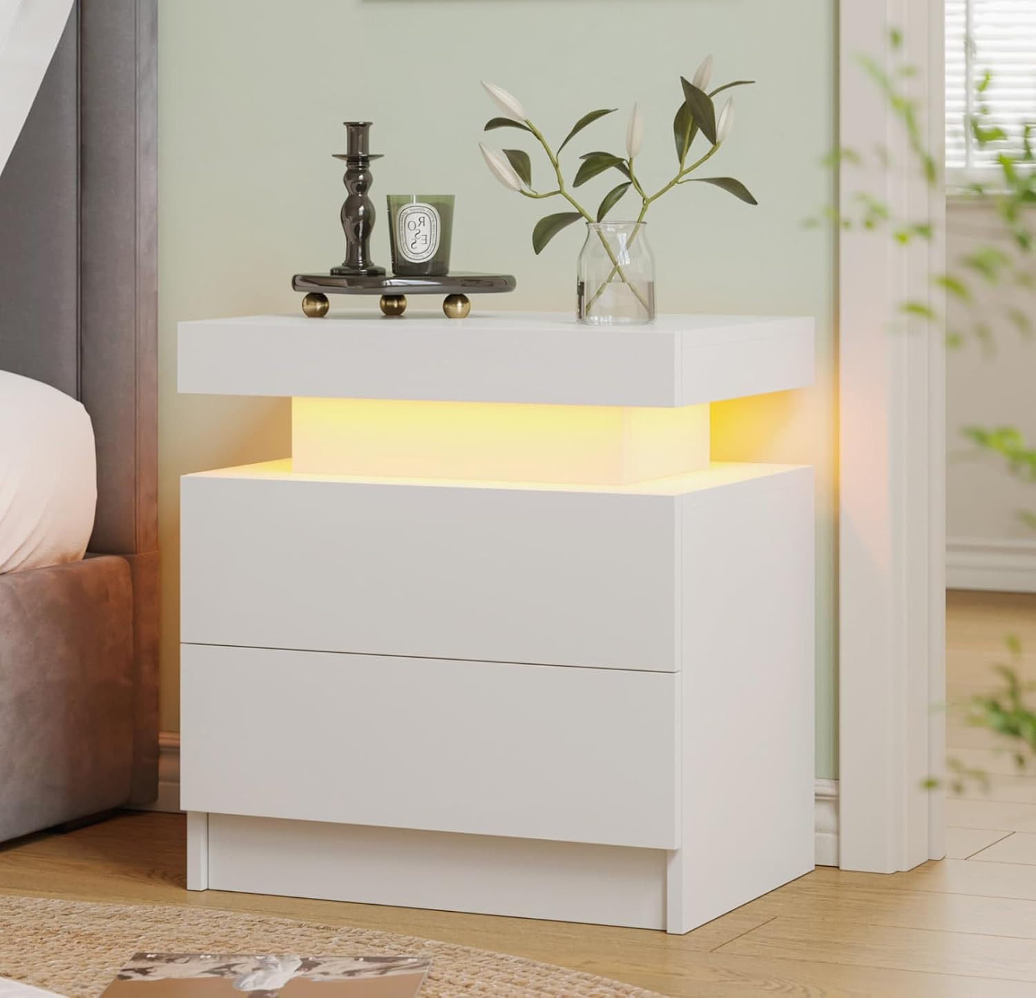 Modern White LED Nightstand for Bedroom Bedside Table with 2 Wood Drawers | Amazon (US)