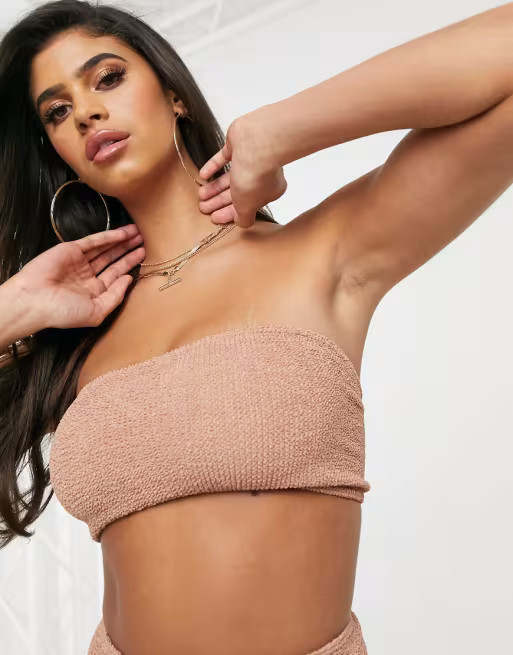 ASOS DESIGN mix and match crinkle bandeau bikini top in rose mink | ASOS (Global)