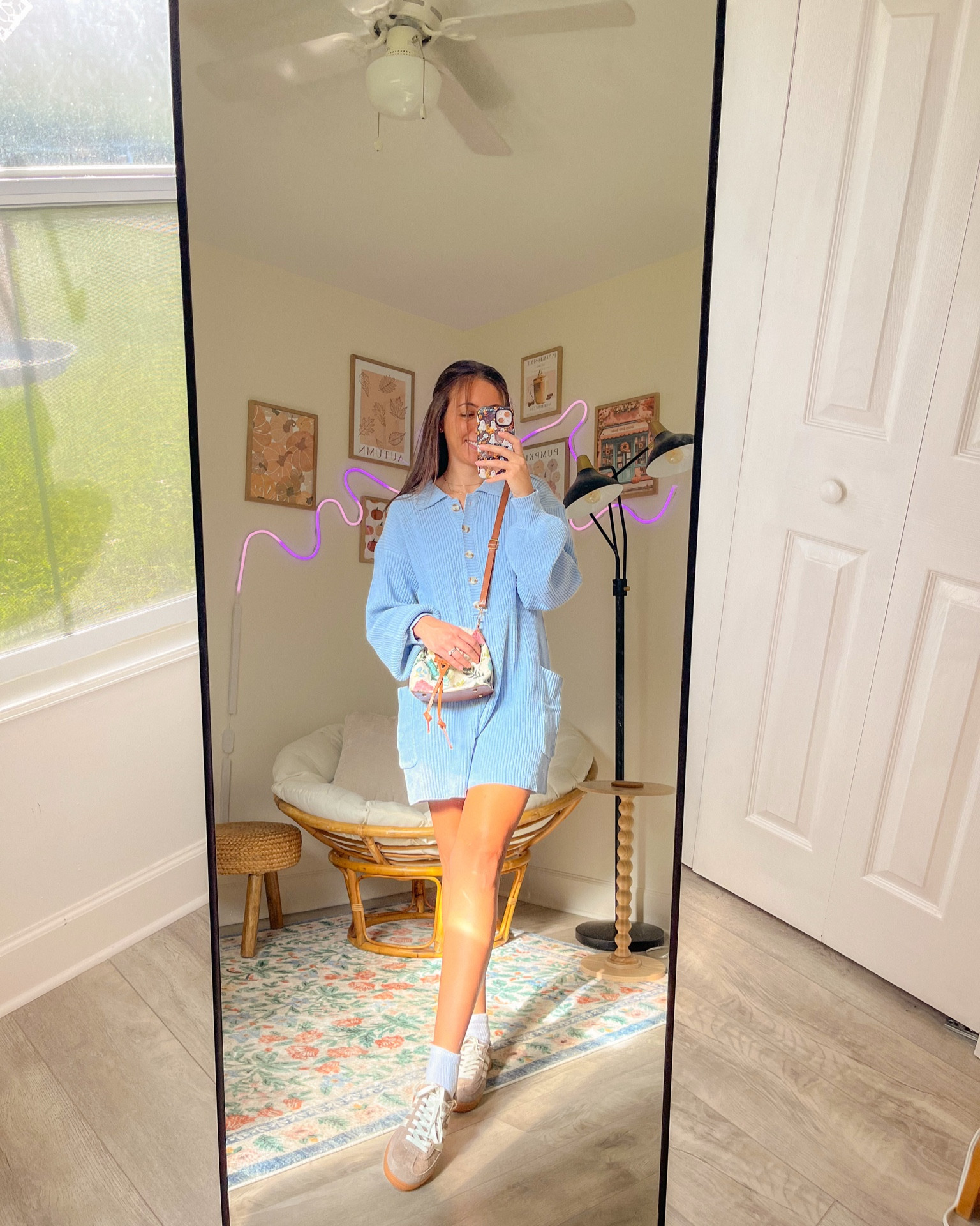 cute casual fall outfit, sweater romper, brown adidas