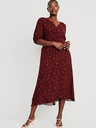 Puff-Sleeve V-Neck Crepe Midi Dress for Women | Old Navy (US)