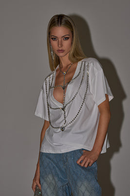AKIRA Diamonds Dancing Rhinestone Detail T-Shirt | Size Medium | AKIRA