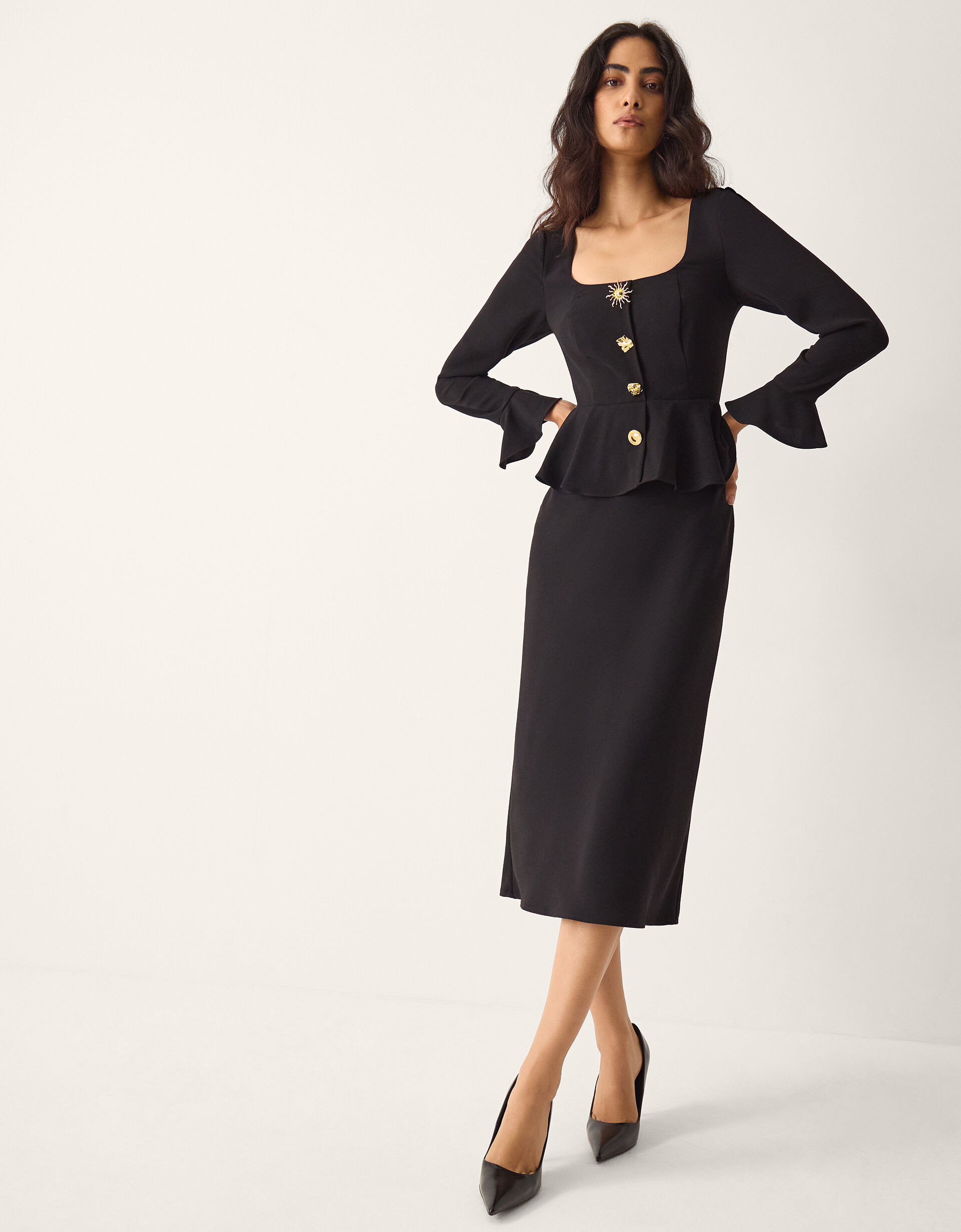 Willow Statement Button Midi Dress Black | Monsoon (UK)