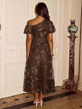 Womens Floral Mesh Wedding Guest Cocktail One Shoulder Midi Dress | Amazon (US)