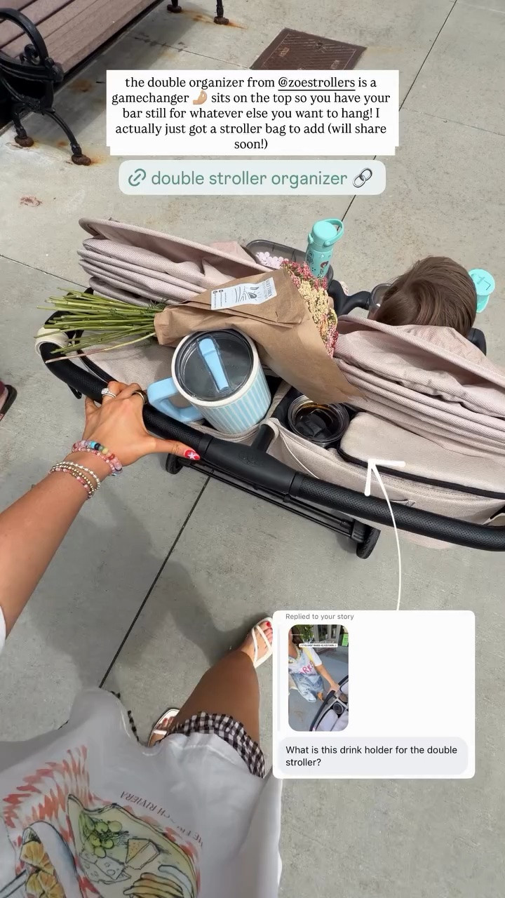 the double organizer from @zoestrollers is a gamechanger 🤌🏼 sits on the top so you have your bar still for whatever else you want to hang! I actually just got a stroller bag to add (will share soon!)