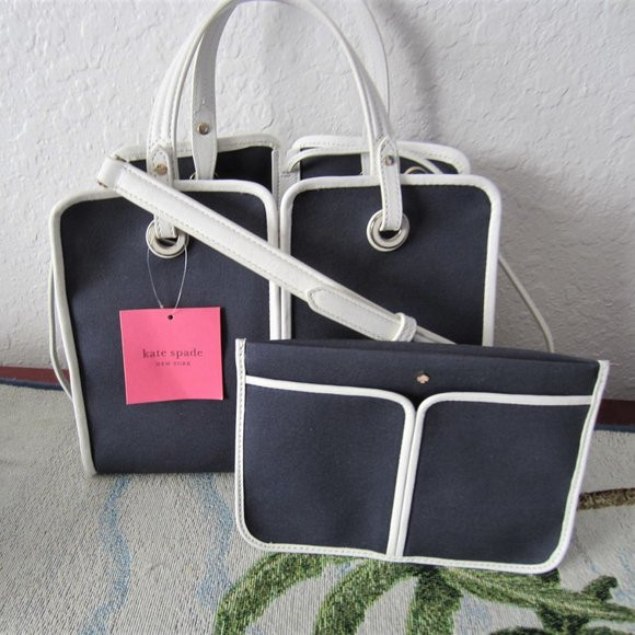 Kate Spade Sam Canvas Plunge Medium Satchel w/Matching Zip Pouch-Navy &White-NWT | Poshmark