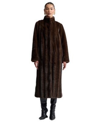 Avec Les Filles Women's Maxi Braided Faux Fur Coat - Cafe Noir | Macy's
