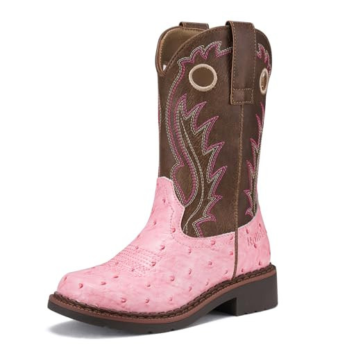 Rollda Boys Cowboy Boots Kids Western Boots Square Toe Girls Cowgirl Boots for Toddler/Little Kid/Big Kid Pink Ostrich Size 12 | Amazon (US)
