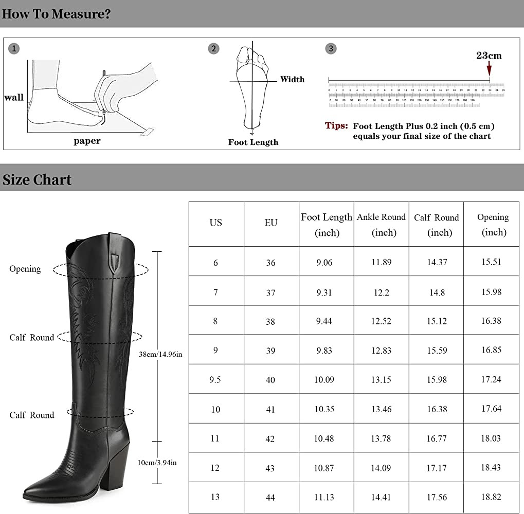 ISNOM Women's Western Boots Knee High Boots, Cowboy Cowgirl Embroidered Chunky Block Heel Pointed... | Amazon (US)