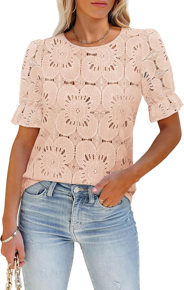 LUXVEER Women's Eyelet Tops Puff Short Sleeve Blouses Dressy Casual Cute Hollow Out Crochet Lace ... | Amazon (US)