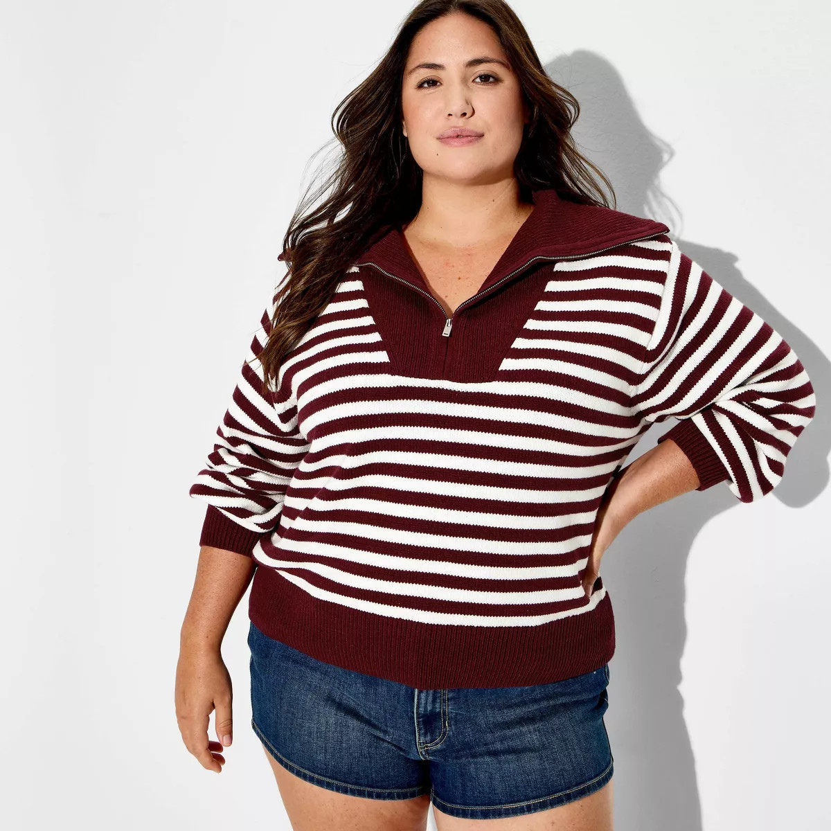 Women's Long Sleeve Quarter Zip Polo Sweater - Wild Fable™ Maroon Striped 2X | Target