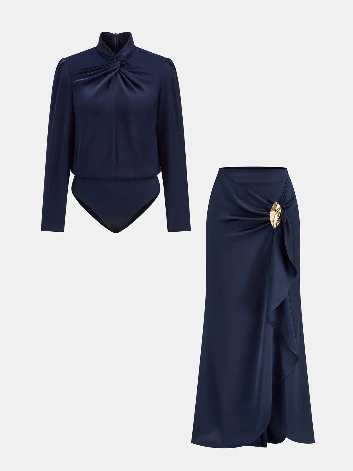 Twisted Satin Bodysuit & Ruffle Maxi Skirt Set | Commense