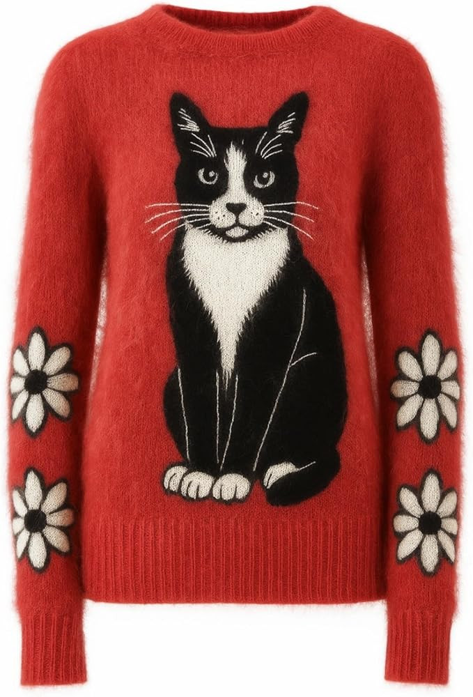OXKnit Knit Long Sleeves Sweaters for Women, Mod Style Casual Retro Cat Pattern Crewneck Red Pull... | Amazon (US)