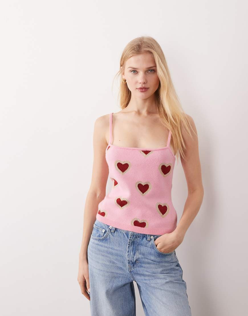 Never Fully Dressed knitted cami top co-ord in pink heart print | ASOS (Global)