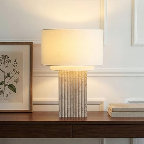 Brightech Atticus 15" Table Lamp - Natural Travertine Limestone Lamp, Cream Cotton Shade - Ridged, Heavy, Textured Stone Beige Lamp for Living Room, Nightstand, Bedroom, Kitchen, Entryway, Home Decor | Amazon (US)