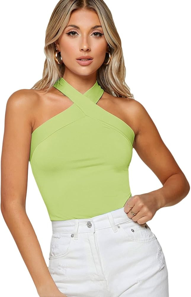 Floerns Women's Solid Criss Cross Halter Top Sleeveless Tee Shirt | Amazon (US)