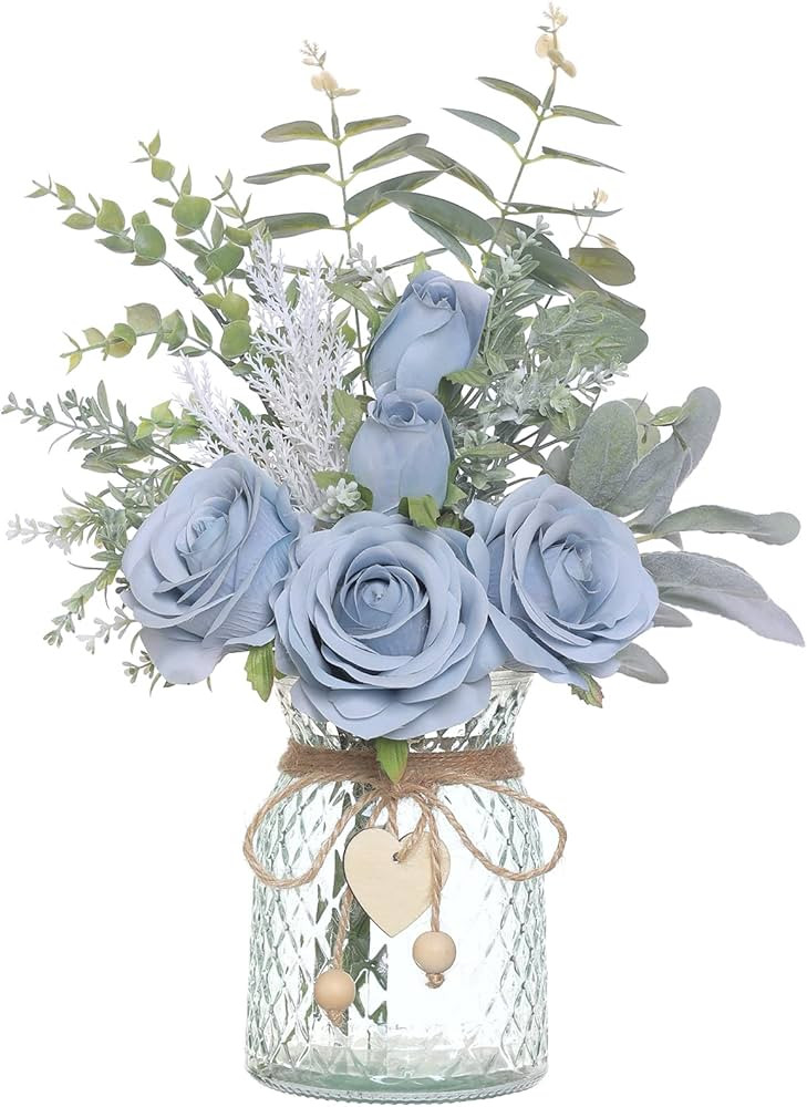 Faux Flowers with Vase,Artificial Silk Roses in Vase, Fake Plant Eucalyptus Flower Arrangement fo... | Amazon (US)