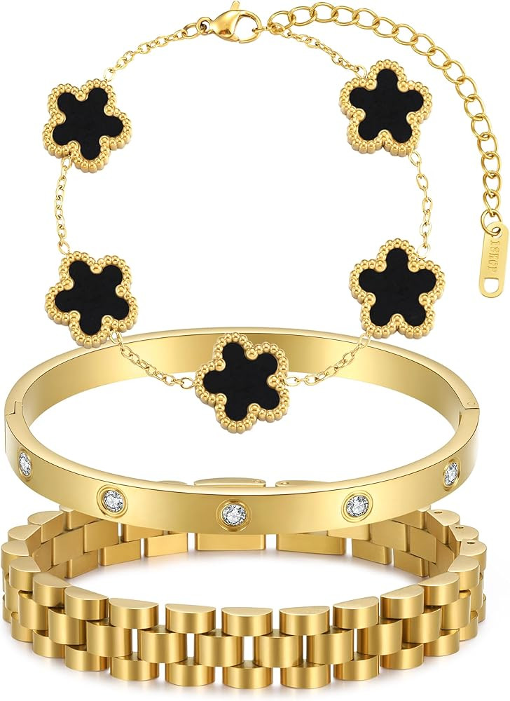 Stackable Four Leaf Clover Bracelets for Women, 18K Gold Plated Love Bangle Bracelets Set, 3 Pcs ... | Amazon (US)