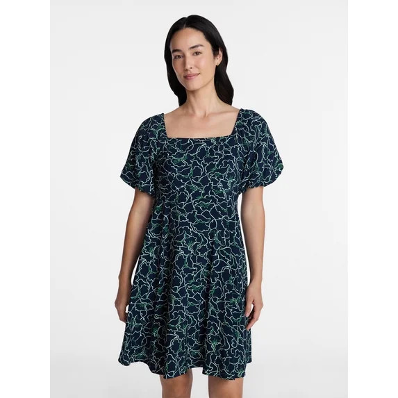 Time and Tru Women's Airflow Mini Dress with Puff Sleeves, Sizes XS-XXXL - Walmart.com | Walmart (US)