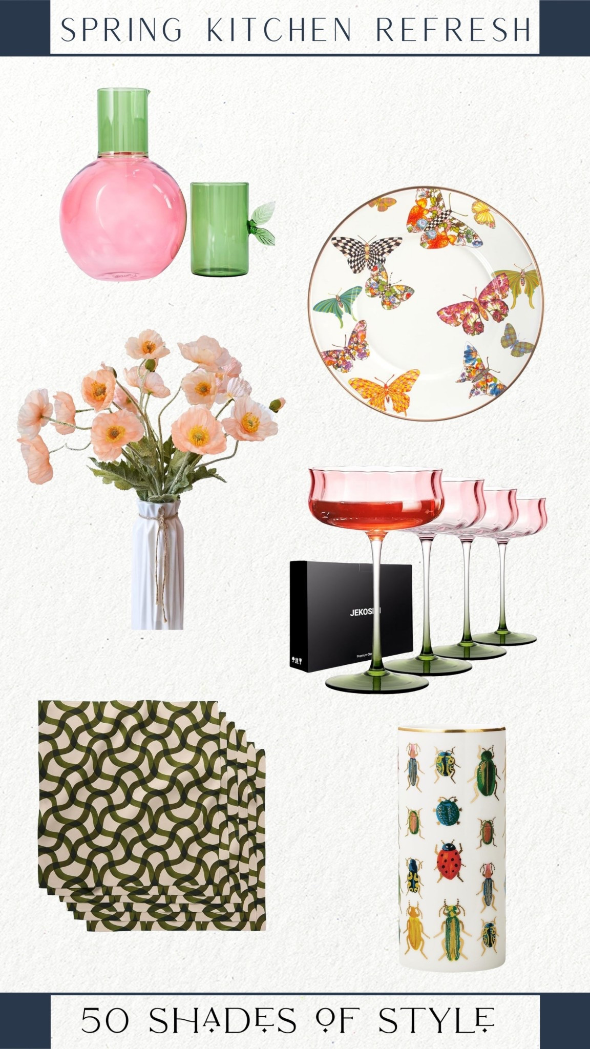 water carafe, butterfly plate, vase, flowers, coupe glasses, napkins, spring decor, kitchen

#LTKHome #LTKSeasonal