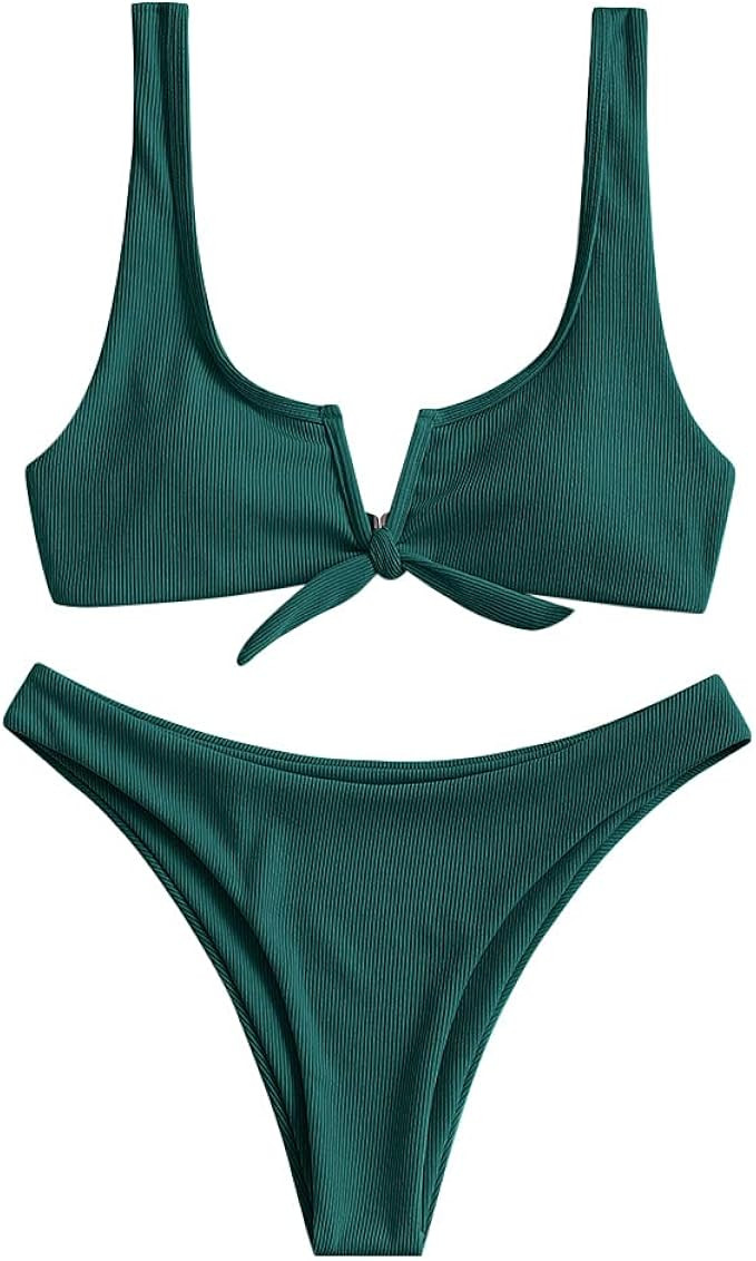ZAFUL Women's V-Wire Padded Ribbed High Cut Cami Bikini Set Two Piece Swimsuit | Amazon (US)