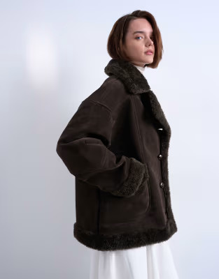 Faux suede shearling oversized car coat in chocolate | Topshop