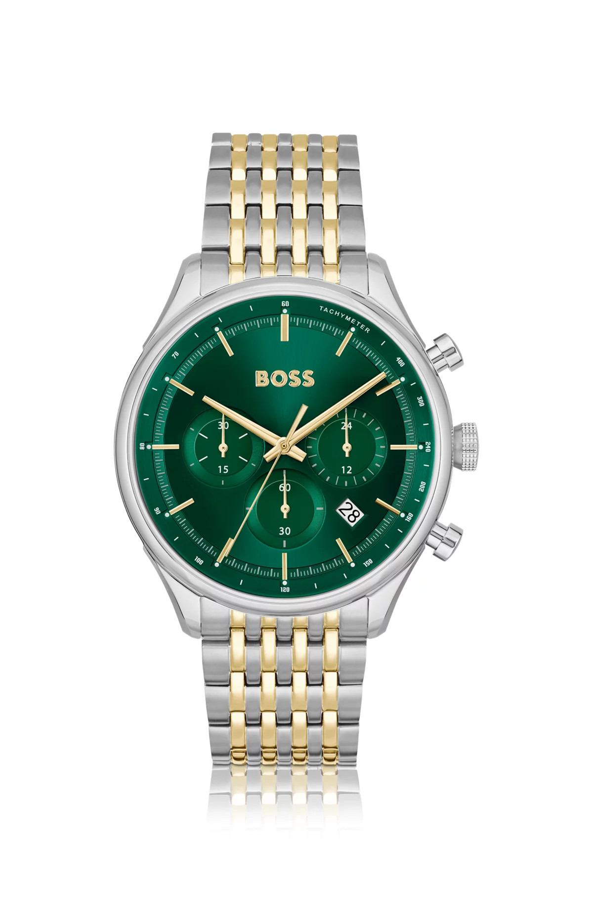 Green-dial chronograph watch with two-tone link bracelet | Hugo Boss (US)
