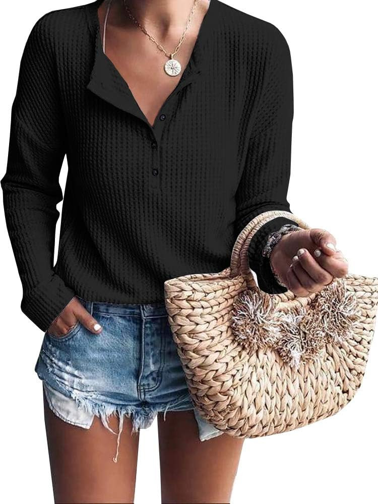 Womens Henley Shirts V Neck Long Sleeve Button Down Tops Warm Waffle Knit Tees | Amazon (US)