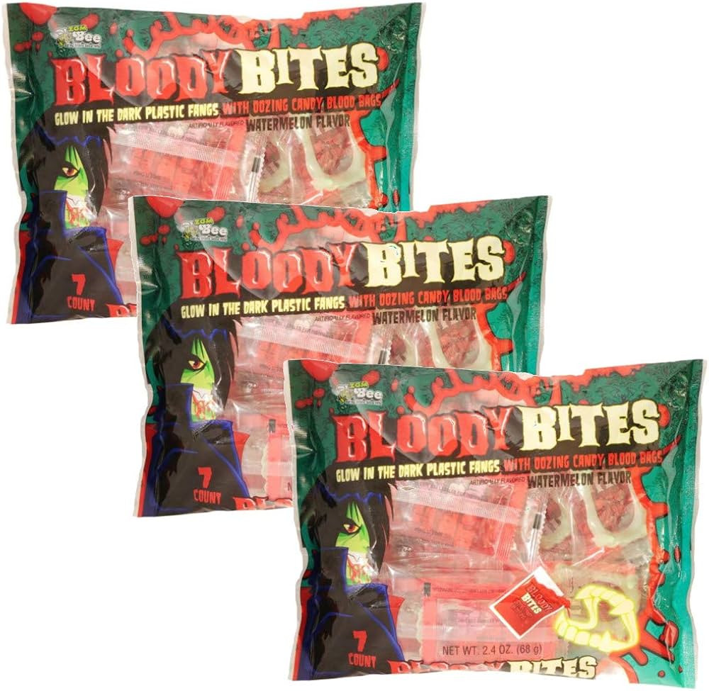 Bloody Bites Oozing Halloween Candy Blood Bags with Glow in the Dark Vampire Teeth - 3 Bags - 21 ... | Amazon (US)