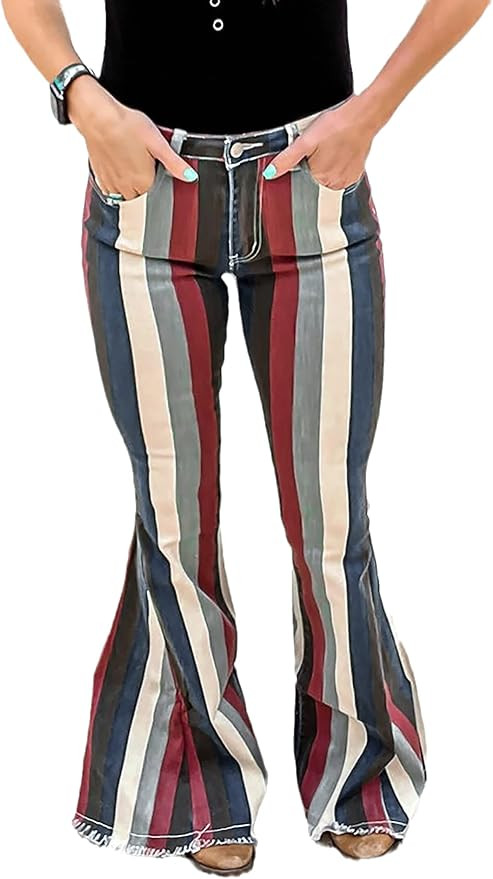 TACSTRUN Women's Casual High Waist Bell Bottom Jeans Striped Printed Hem Raw Flare Denim Pants | Amazon (US)