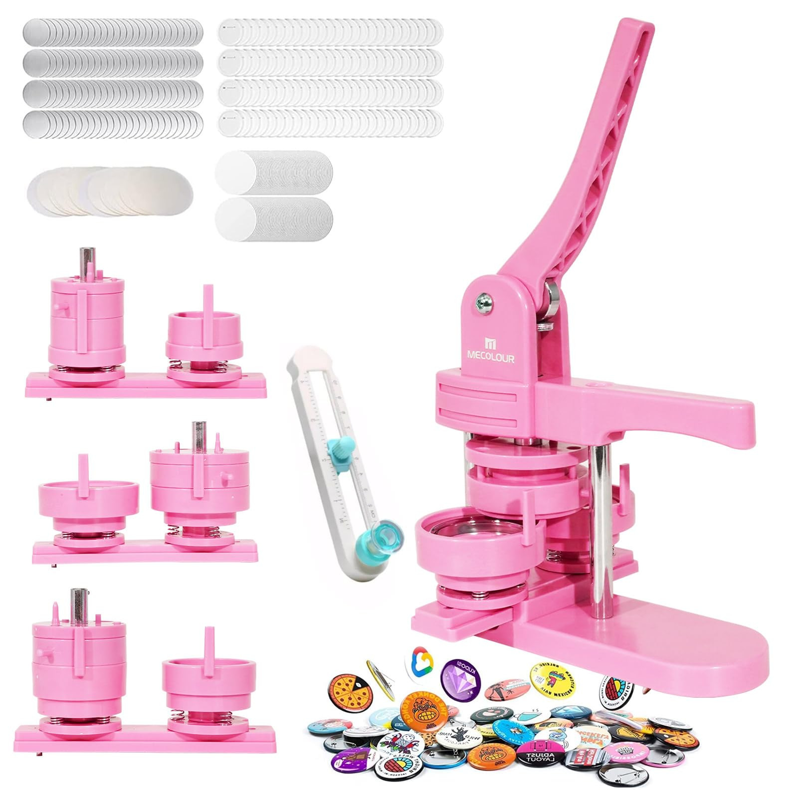 MECOLOUR Button Maker Machine Multiple Sizes 1.26+1.73+2.28 inch Pin Maker Machine,150pcs Button Badge Making Supplies,Button Press Machine for DIY Personalized Pinback Buttons Children DIY Gift(Pink) | Amazon (US)