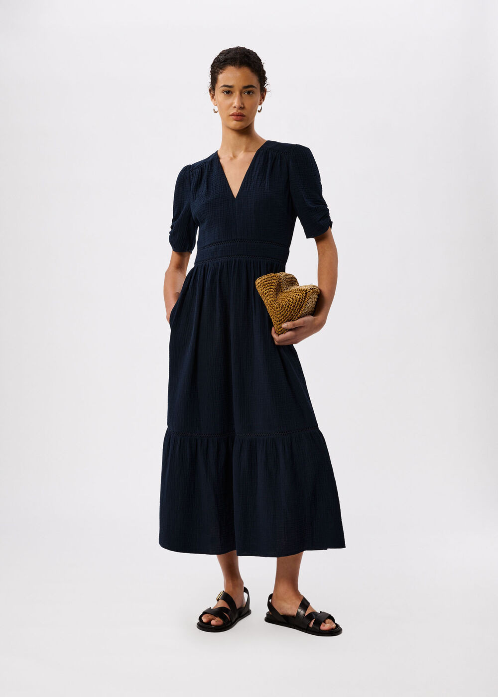Navy V Neck Textured Midi Dress | WHISTLES | Whistles UK | | Whistles