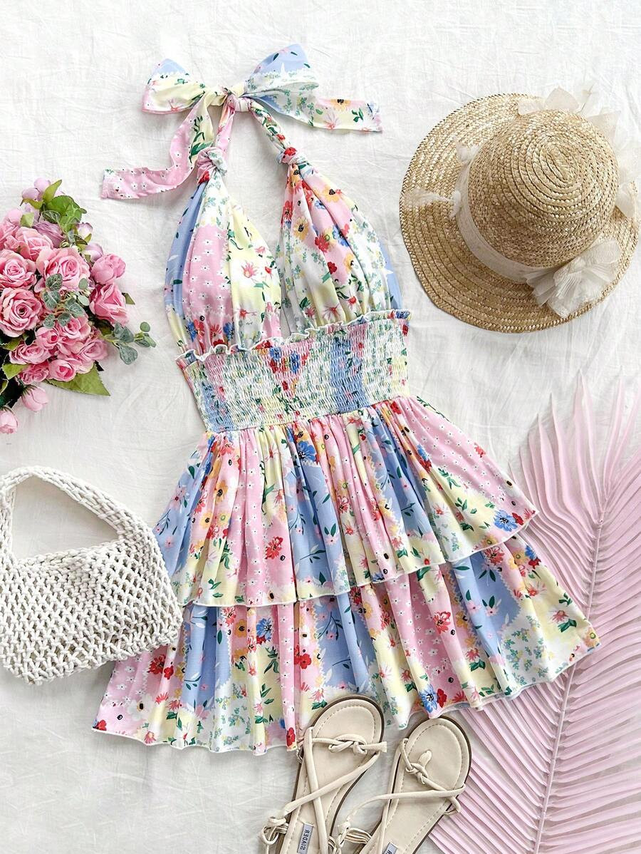 SHEIN WYWH Multi-Color Block Patchwork Retro-Floral Country Style Vacation Romantic Casual Dress ... | SHEIN