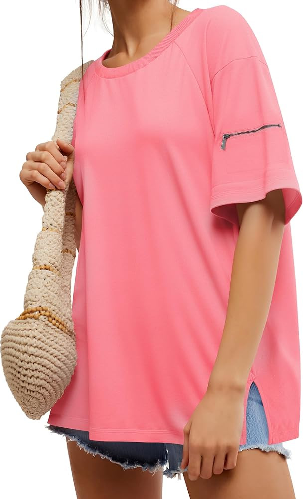 Tankaneo Womens Oversized Workout Tshirts Split Hem Raglan Short Sleeve Tops Summer Casual Loose ... | Amazon (US)