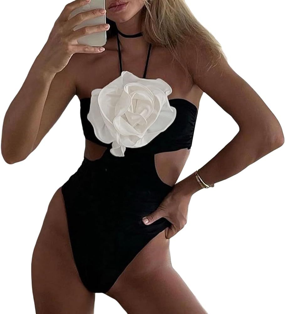 Women's Halter Swimsuit Summer 3D Rosette Cutout Bathing Suit High Cut Bikini Swimwear | Amazon (US)