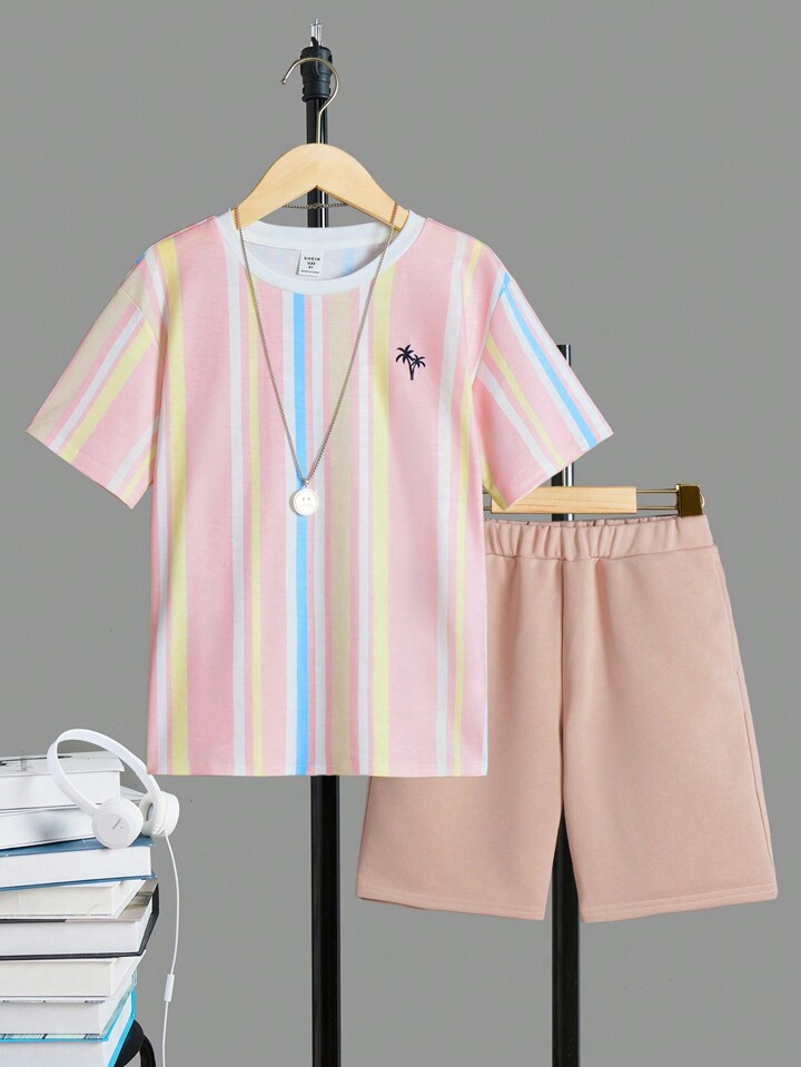 SHEIN Tween Boys' Striped Short Sleeve T-Shirt And Shorts Casual Comfortable 2pcs Outfit | SHEIN